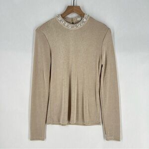 Endless‎ Rose Metallic Gold Stretch Jersey Liquid Knit Embellished Neck Top M